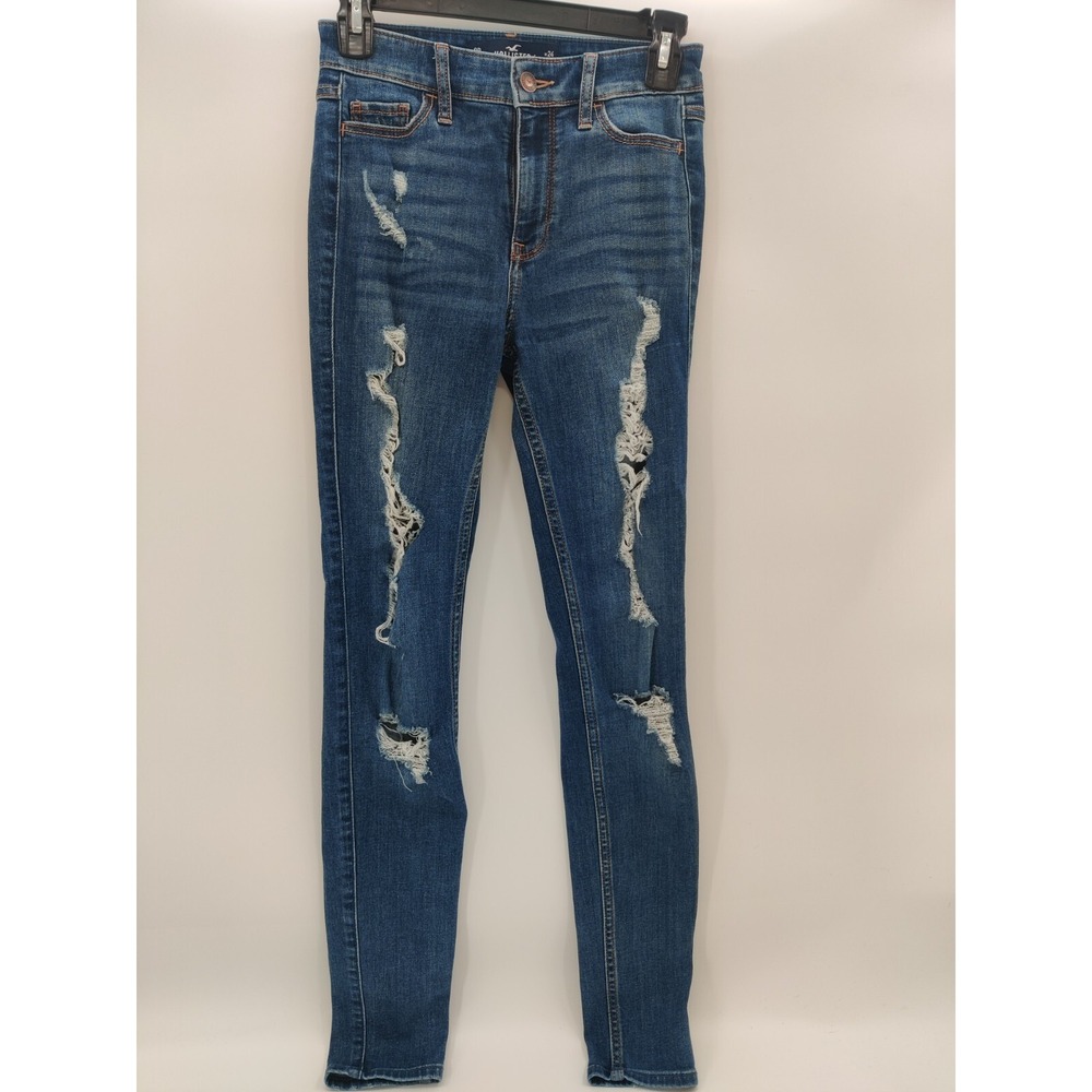 Hollister High Rise Ripped Skinny Jeans Women's Blue Denim Distressed Size 0R